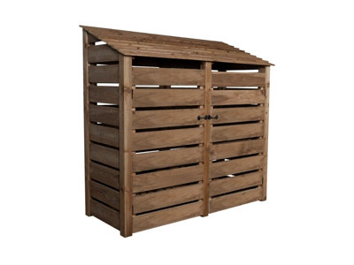 Slatted wooden log store with door and kindling shelf W-187cm, H-180cm, D-88cm - brown finish