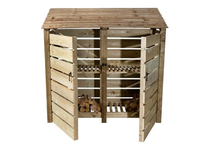 Slatted wooden log store with door and kindling shelf W-187cm, H-180cm, D-88cm - natural (light green) finish