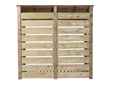Slatted wooden log store with door and kindling shelf W-187cm, H-180cm, D-88cm - natural (light green) finish