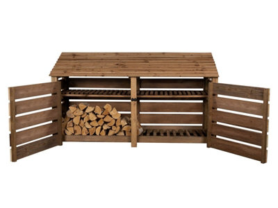 Slatted wooden log store with door and kindling shelf W-227cm, H-126cm, D-88cm - brown finish