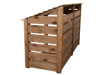 Slatted wooden log store with door and kindling shelf W-227cm, H-126cm, D-88cm - brown finish