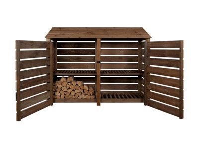 Slatted wooden log store with door and kindling shelf W-227cm, H-180cm, D-88cm - brown finish