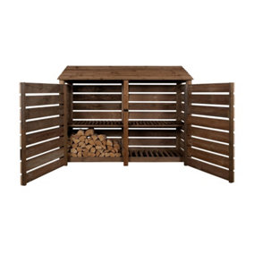 Slatted wooden log store with door and kindling shelf W-227cm, H-180cm, D-88cm - brown finish