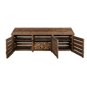 Slatted wooden log store with door and kindling shelf W-335cm, H-126cm, D-88cm - brown finish
