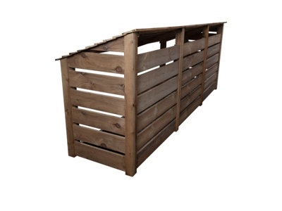Slatted wooden log store with door and kindling shelf W-335cm, H-126cm, D-88cm - brown finish