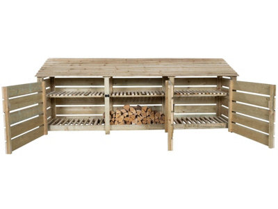 Slatted wooden log store with door and kindling shelf W-335cm, H-126cm, D-88cm - natural (light green) finish