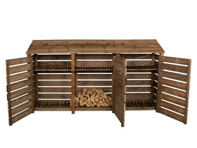 Slatted wooden log store with door and kindling shelf W-335cm, H-180cm, D-88cm - brown finish