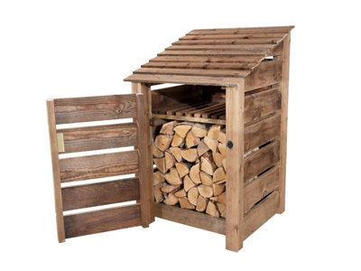 Slatted wooden log store with door and kindling shelf W-79cm, H-126cm, D-88cm - brown finish