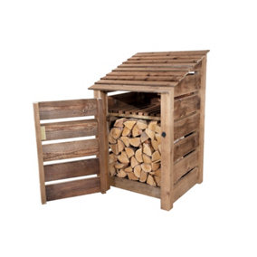 Slatted wooden log store with door and kindling shelf W-79cm, H-126cm, D-88cm - brown finish