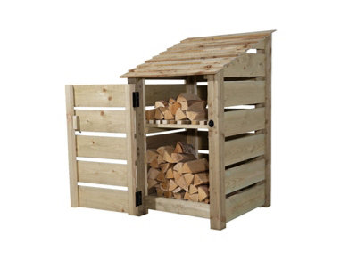 Slatted wooden log store with door and kindling shelf W-79cm, H-126cm, D-88cm - natural (light green) finish