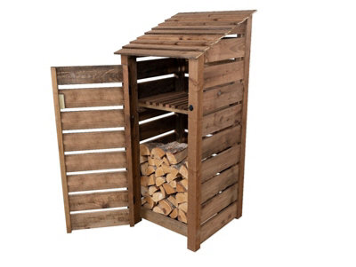 Slatted wooden log store with door and kindling shelf W-79cm, H-180cm, D-88cm - brown finish