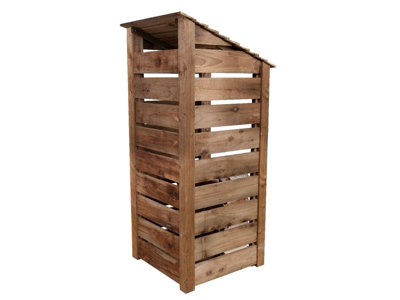 Slatted wooden log store with door and kindling shelf W-79cm, H-180cm, D-88cm - brown finish