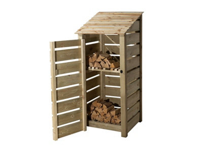 Slatted wooden log store with door and kindling shelf W-79cm, H-180cm, D-88cm - natural (light green) finish