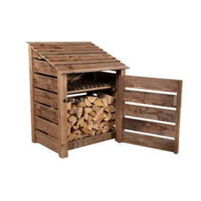 Slatted wooden log store with door and kindling shelf W-99cm, H-126cm, D-88cm - brown finish