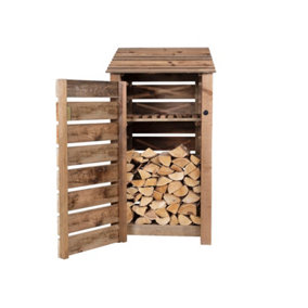 Slatted wooden log store with door and kindling shelf W-99cm, H-180cm, D-88cm - brown finish