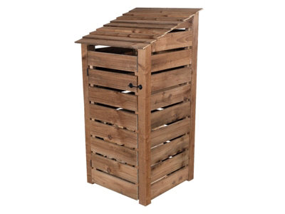Slatted wooden log store with door and kindling shelf W-99cm, H-180cm, D-88cm - brown finish