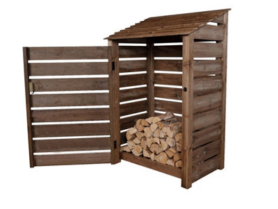 Slatted wooden log store with door W-119cm, H-180cm, D-88cm - brown finish