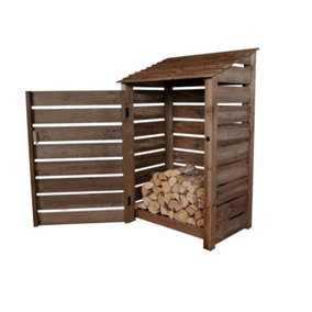 Slatted wooden log store with door W-119cm, H-180cm, D-88cm - brown finish