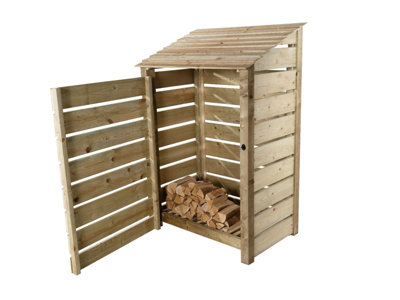 Slatted wooden log store with door W-119cm, H-180cm, D-88cm - natural (light green) finish