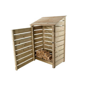 Slatted wooden log store with door W-119cm, H-180cm, D-88cm - natural (light green) finish
