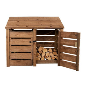 Slatted wooden log store with door W-146cm, H-126cm, D-88cm - brown finish