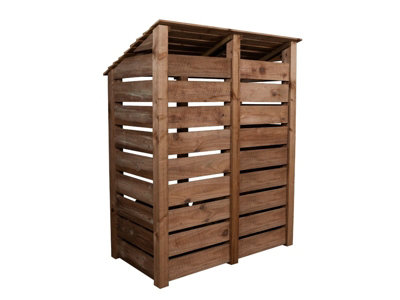 Slatted wooden log store with door W-146cm, H-180cm, D-88cm - brown finish