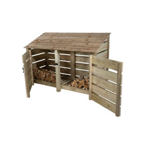 Slatted wooden log store with door W-187cm, H-126cm, D-88cm - natural (light green) finish