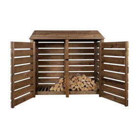 Slatted wooden log store with door W-187cm, H-180cm, D-88cm - brown finish