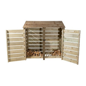 Slatted wooden log store with door W-187cm, H-180cm, D-88cm - natural (light green) finish