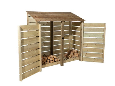 Slatted wooden log store with door W-187cm, H-180cm, D-88cm - natural (light green) finish