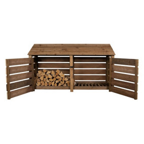 Slatted wooden log store with door W-227cm, H-126cm, D-88cm - brown finish