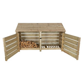 Slatted wooden log store with door W-227cm, H-126cm, D-88cm - natural (light green) finish