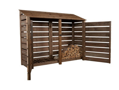 Slatted wooden log store with door W-227cm, H-180cm, D-88cm - brown finish