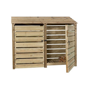 Slatted wooden log store with door W-227cm, H-180cm, D-88cm - natural (light green) finish