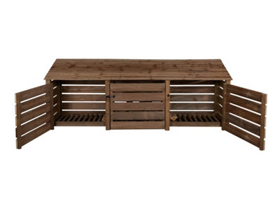 Slatted wooden log store with door W-335cm, H-126cm, D-88cm - brown finish