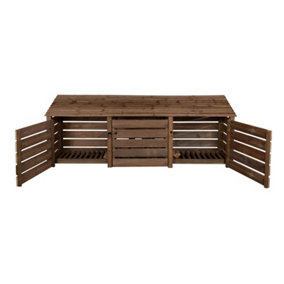 Slatted wooden log store with door W-335cm, H-126cm, D-88cm - brown finish