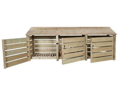 Slatted wooden log store with door W-335cm, H-126cm, D-88cm - natural (light green) finish