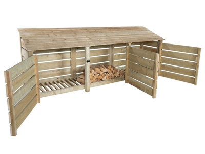 Slatted wooden log store with door W-335cm, H-126cm, D-88cm - natural (light green) finish