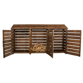 Slatted wooden log store with door W-335cm, H-180cm, D-88cm - brown finish