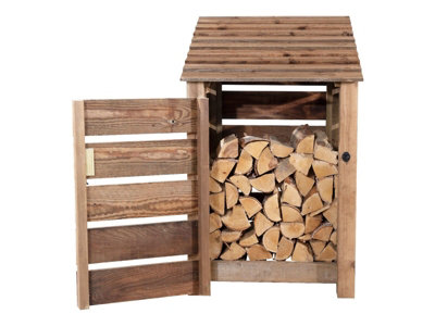 Slatted wooden log store with door W-79cm, H-126cm, D-88cm - brown finish