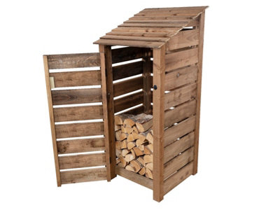 Slatted wooden log store with door W-79cm, H-180cm, D-88cm - brown finish