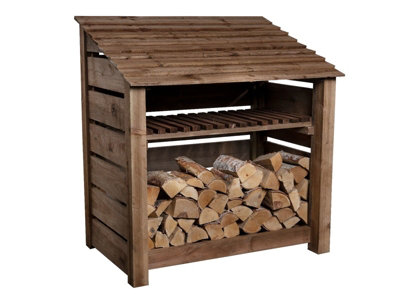 Slatted wooden log store with kindling shelf W-119cm, H-126cm, D-88cm - brown finish