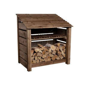 Slatted wooden log store with kindling shelf W-119cm, H-126cm, D-88cm - brown finish
