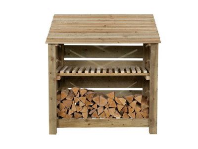 Slatted wooden log store with kindling shelf W-119cm, H-126cm, D-88cm - natural (light green) finish