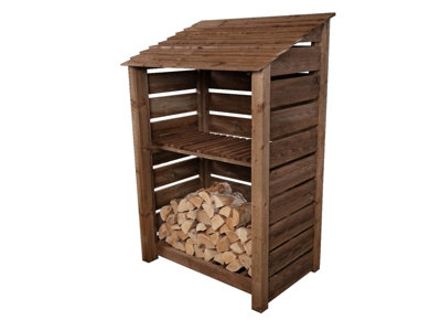 Slatted wooden log store with kindling shelf W-119cm, H-180cm, D-88cm - brown finish