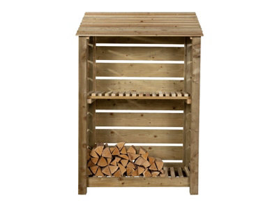 Slatted wooden log store with kindling shelf W-119cm, H-180cm, D-88cm - natural (light green) finish