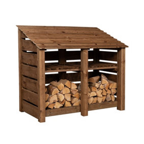 Slatted wooden log store with kindling shelf W-146cm, H-126cm, D-88cm - brown finish