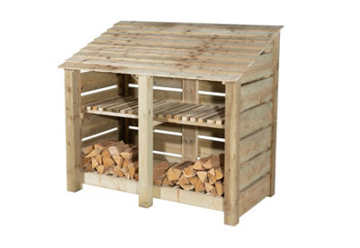 Slatted wooden log store with kindling shelf W-146cm, H-126cm, D-88cm - natural (light green) finish