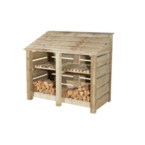 Slatted wooden log store with kindling shelf W-146cm, H-126cm, D-88cm - natural (light green) finish