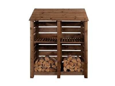 Slatted wooden log store with kindling shelf W-146cm, H-180cm, D-88cm - brown finish